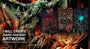 Create dark fantasy art illustration for albums cover, merch, tattoo